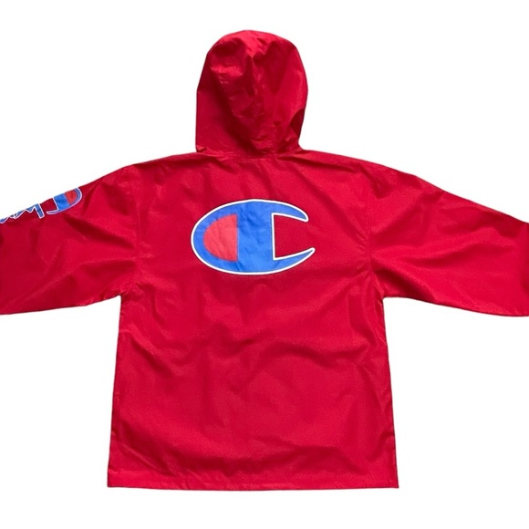 Champion Logo Quarter Zip Packable Hooded Windbreaker Jacket Men’s Size S Red - Picture 4 of 10